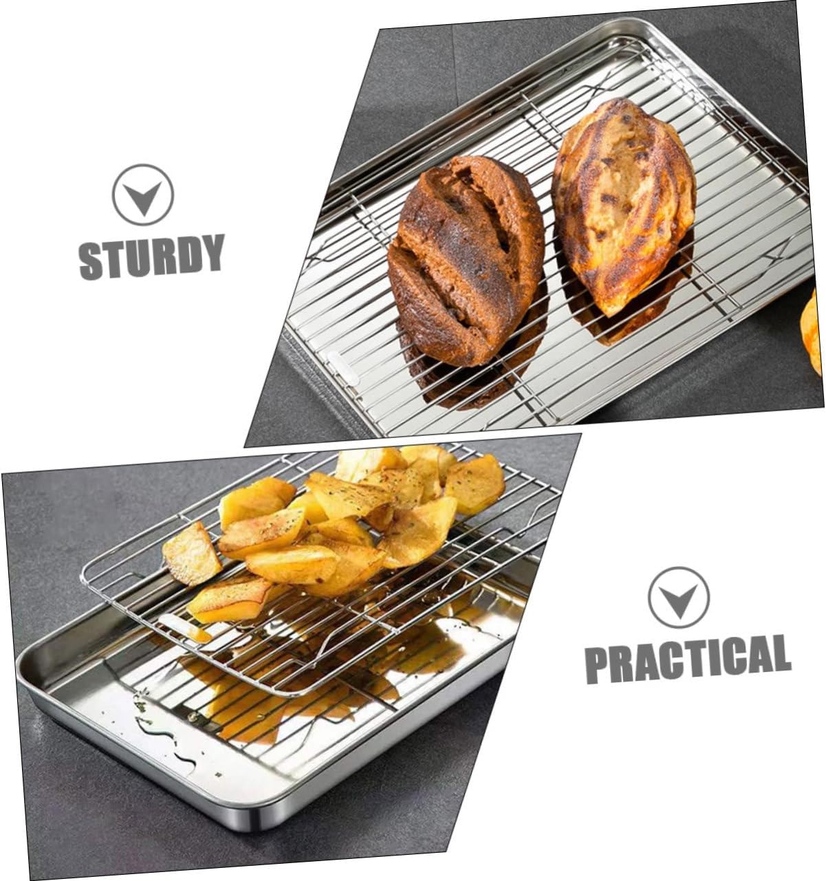 2Sets Stainless Steel Baking Tray Cooling Rack Wire Racks Oven Baking Sheet for Cookies Cakes Breads for Home Baking