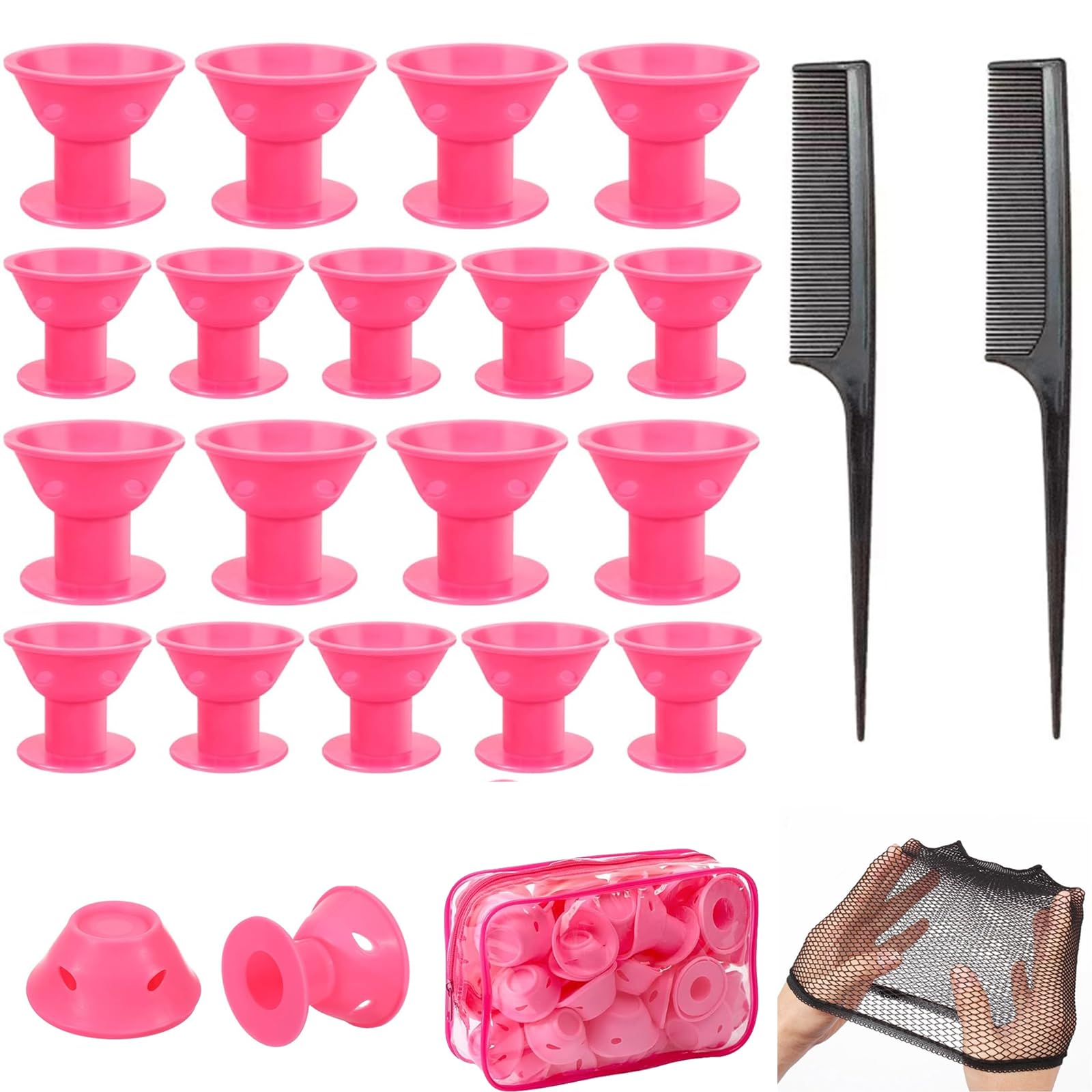 40 Pcs Pink Magic Hair Rollers Include 2pcs Comb 1pcs Mesh Cap 20pcs Large Silicone Curlers and 20pcs Small Silicone Curlers for Women Girls Long and Short Hair