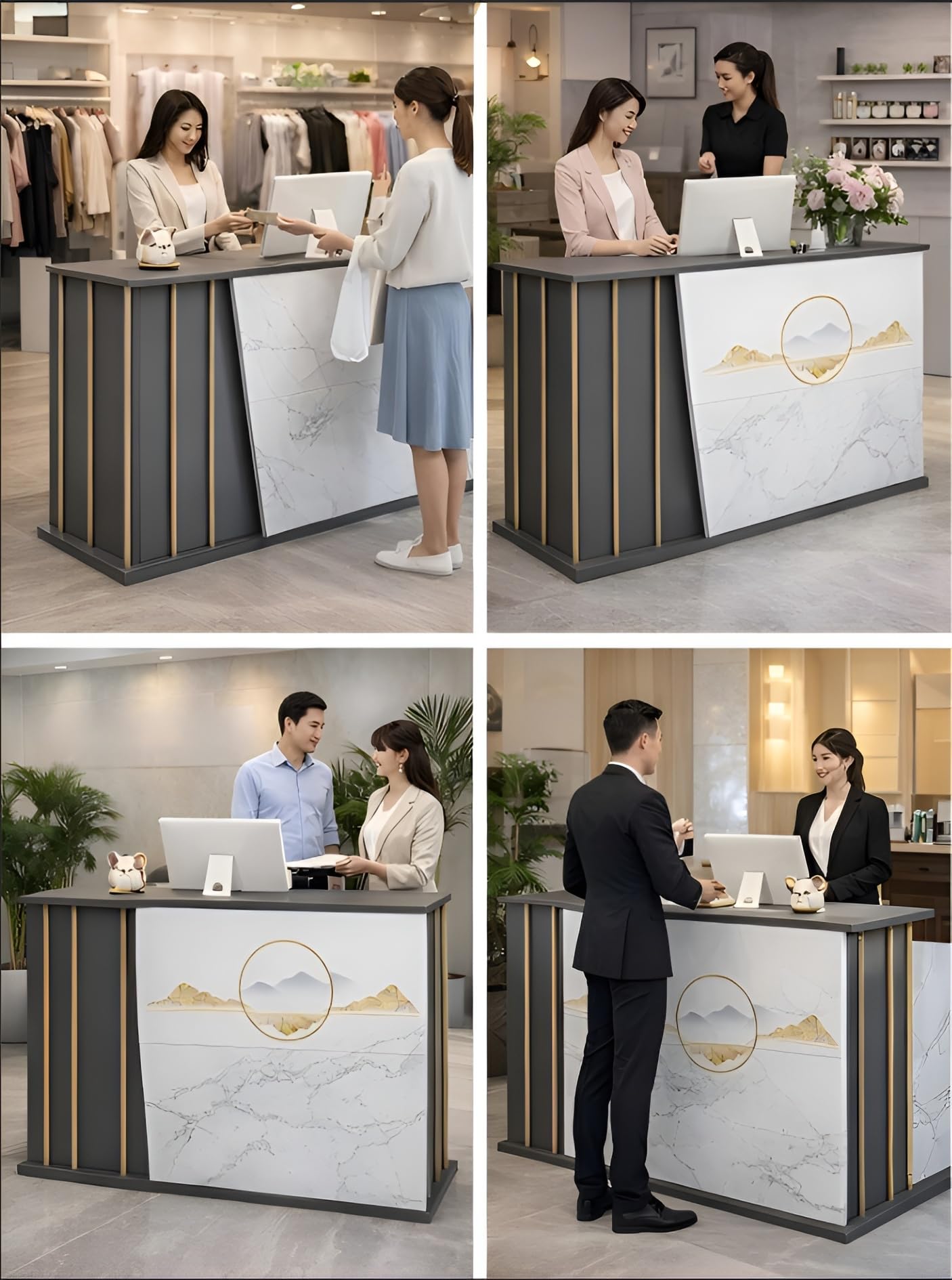 Bancone Reception Multiuso in Legno con 2 Cassetti e 2 Ripiani, Banco Cassa Moderno per Ufficio, Negozio, Salone di Bellezza, Hotel o Supermercato