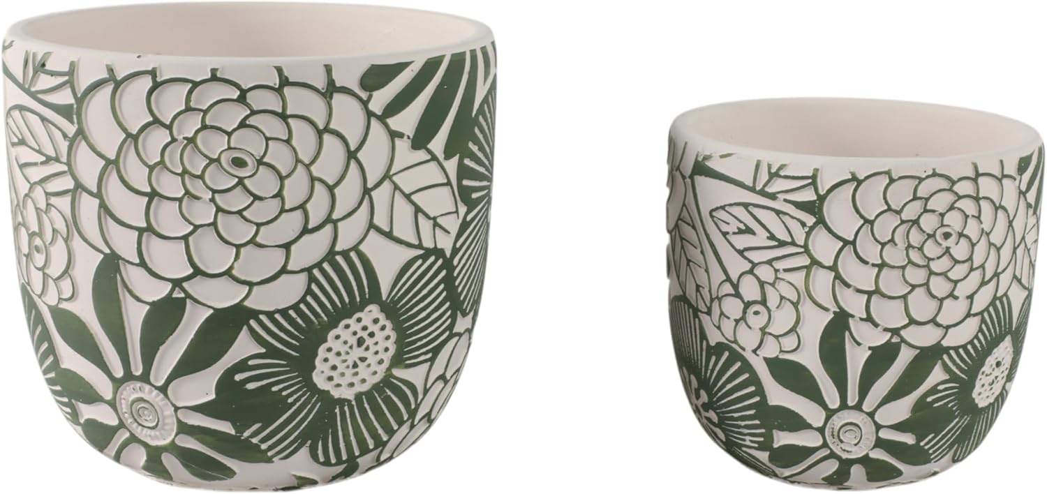 Ceramic Home Decor Flower Pots and Planters – Indoor or Outdoor Plant Pots with Floral Pattern for Succulents or Houseplants – Planters for Patio, Garden, or Room Decor Set of 2 – 7", 6" White & Green