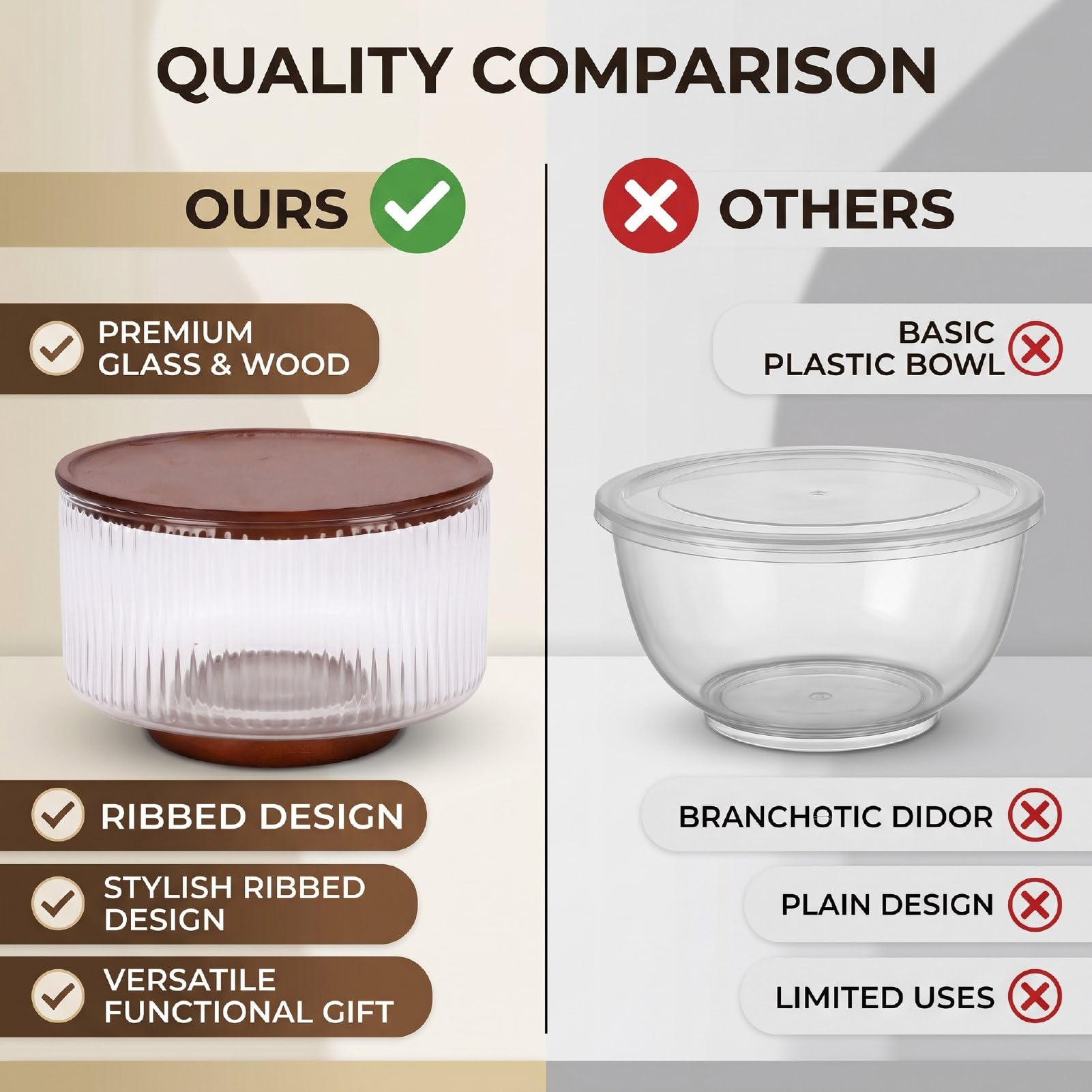 Haofy Ensaladera de Vidrio 9.06x5.91x5.71 Pulgadas 1700g Tazón de Vidrio Acanalado de Gran Capacidad con Tapa de Madera, Tazón Transparente para Servir para Cenas Familiares Ensaladas (claro)