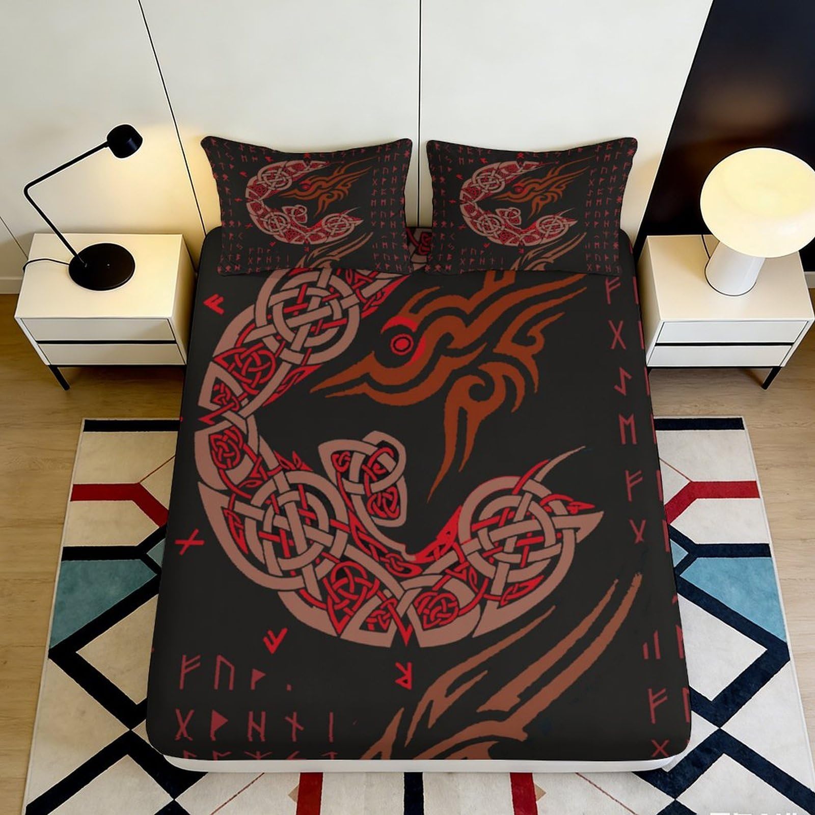 3D Printed Celtic Knot Fitted Sheet Microfiber Soft Breathable Norse Rune Bed Cover for Bedroom Dormitory Guest Room Mattress Protection 120x200x25cm
