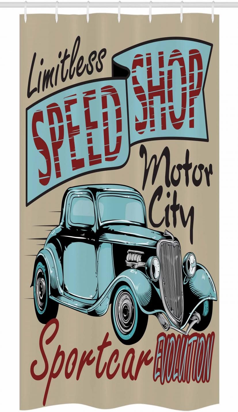 Ambesonne Retro Stall Shower Curtain, Nostalgic Advertising Print Antique Sports Auto in Retro Rusty Colors Art Design, Fabric Bathroom Decor Set with Hooks, 36" W x 72" L, Teal Red Brown