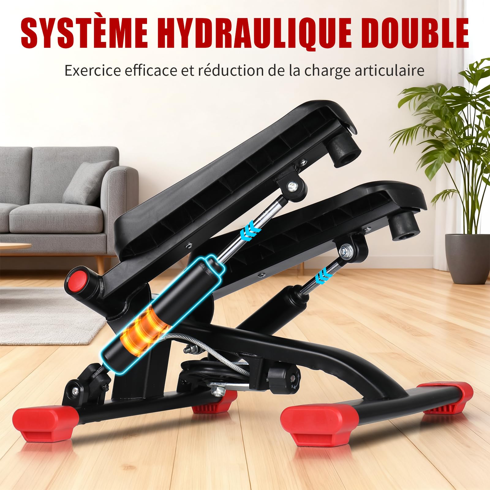 LEADZM Mini Stepper avec Coussinet Silencieux, Stepper de Fitness 2 en 1 avec Bandes de Résistance, Écran LCD, Compteur de Calories, pour L'entraînement des Jambes et des Bras Fessiers, Noir et Rouge