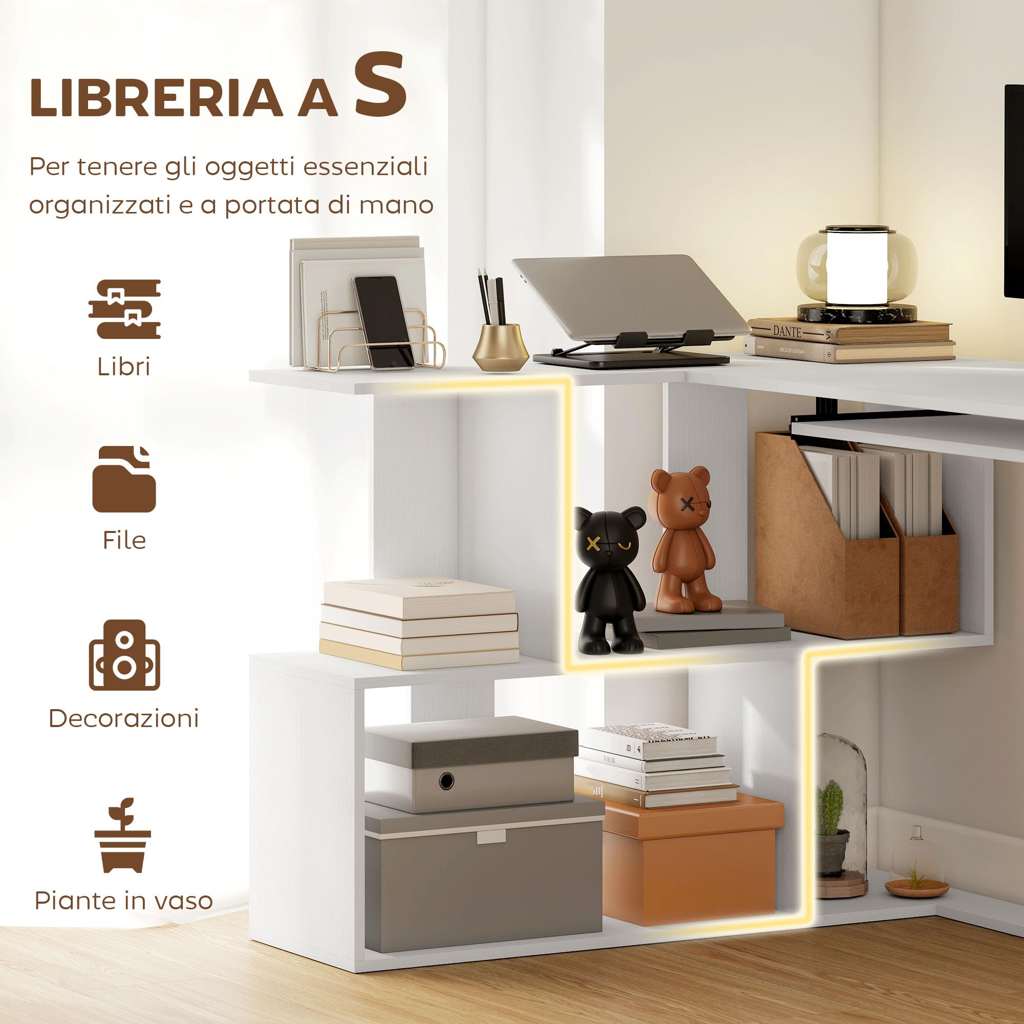 HOMCOM Scrivania Angolare, 120x100cm Scrivania ad Angolo con Ripiano Scorrevole per Tastiera e 4 Ripiani Portaoggetti, Tavolo Salvaspazio ad L per Computer, Ufficio, Studio, Camera da Letto, Bianco