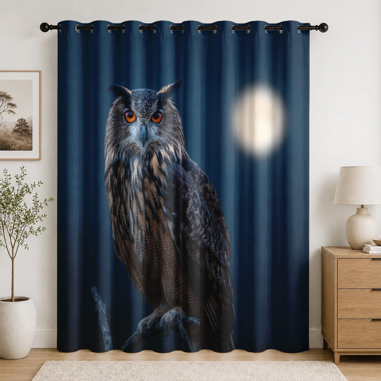 Rideau Occultant 140x245 cm Bleu Foncé Salon et Chambre d'Enfant Motif Hibou