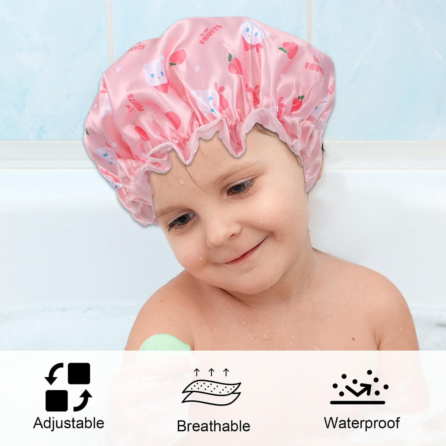 TIESOME Kids Shower Caps, 2 PCS Pink & Purple Waterproof Double Layers Shower Caps Cute Rabbit Bonnets Elastic Band Bonnet Satin and Eva Soft Sleeping Cap Reusable Cap for Kids