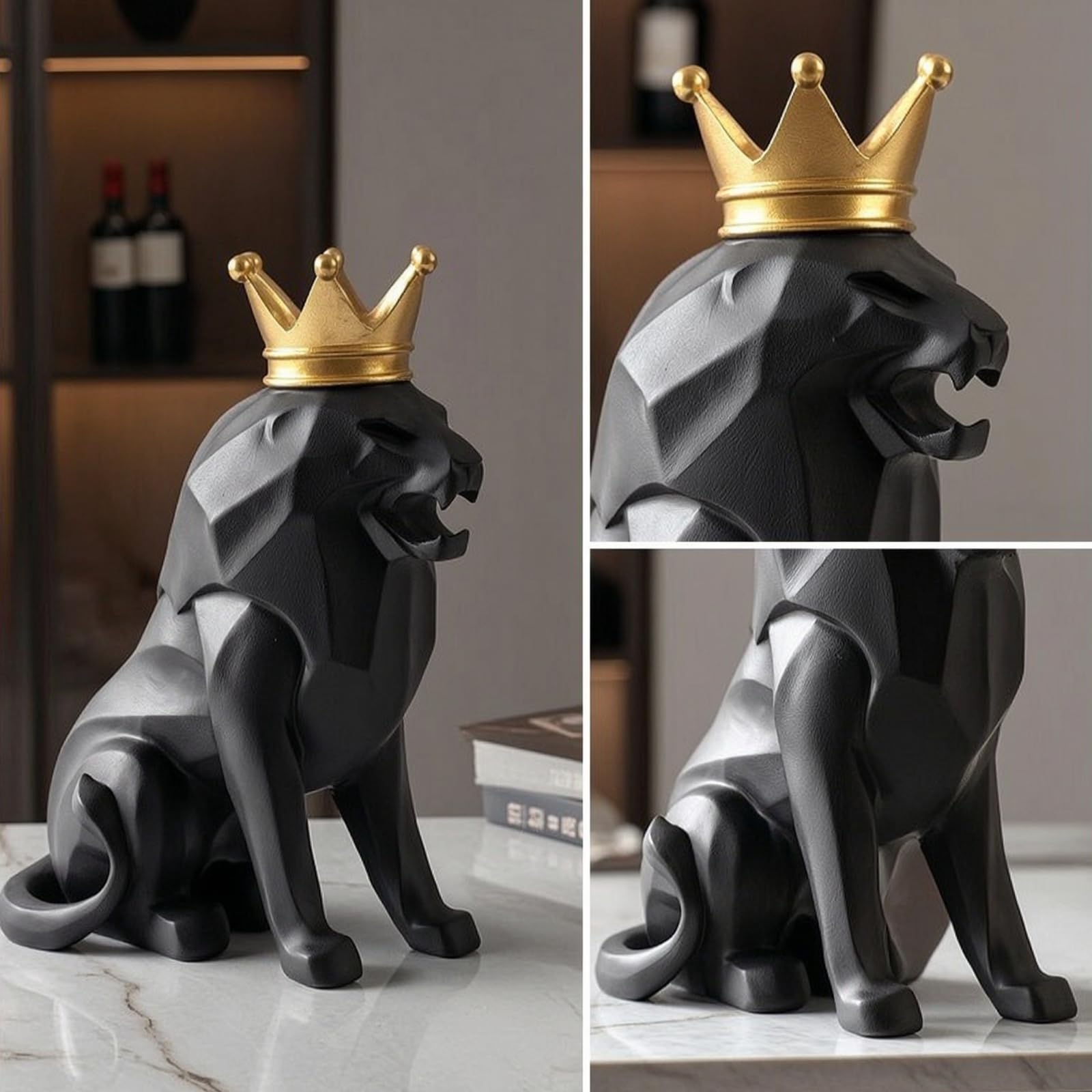 TISHITA Escultura León Corona Estatua Figura Ornamental Estilo Moderno Geométrico en Resina con Cuerpo Elegante para, Grande, León con Corona - Grande 24.5cm Alto X 22cm Largo X 12cm Ancho
