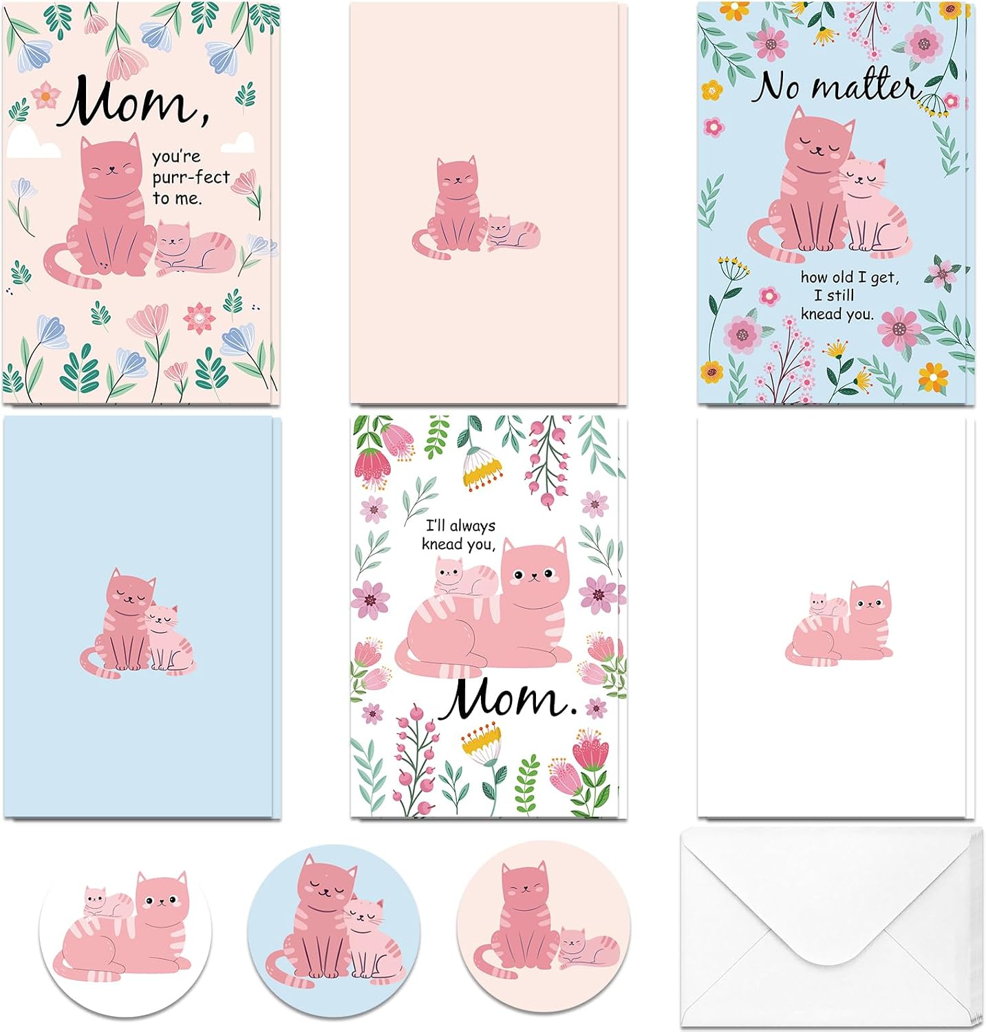 Funny Cat Mom Mothers Day Card - 12Pcs I'll Always Kneed You, Kitty Happy Mother's Day Greeting Cards with Envelopes and Stickers, Gift for Mom from Daughter, Son