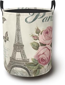 Eiffel Tower Butterfy Laundry Basket with Handles,Pink Rose Waterproof Clothes Organizer Bin Collapsible Storage Basket for Bedroom Bathroom Dorm Room 16" x 20.8"
