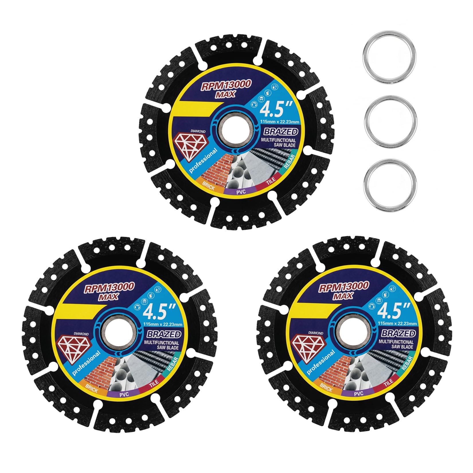 3-Piece 115mm Diamond Saw Blades, 1.8mm Angle Grinder Cutting Discs