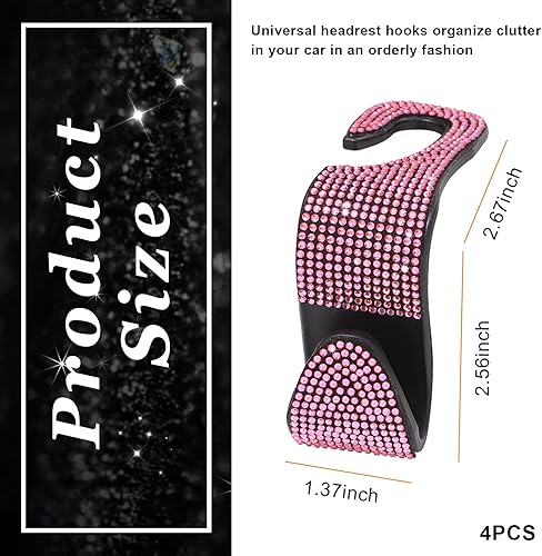 Miniatura 51 de Ziciner 2 ganchos brillantes para reposacabezas de asiento de automóvil, organizador de almacenamiento para colgar el asiento trasero con diamantes