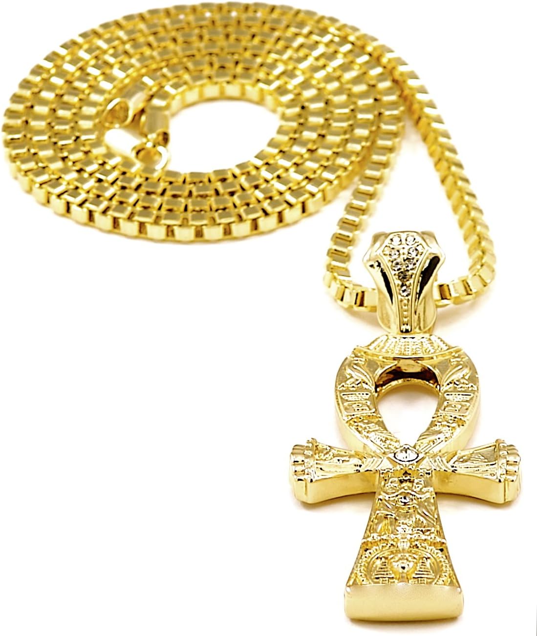 GWOOD Ankh with Stone Pendant Large Gold Color with 30 Inch Box Necklace