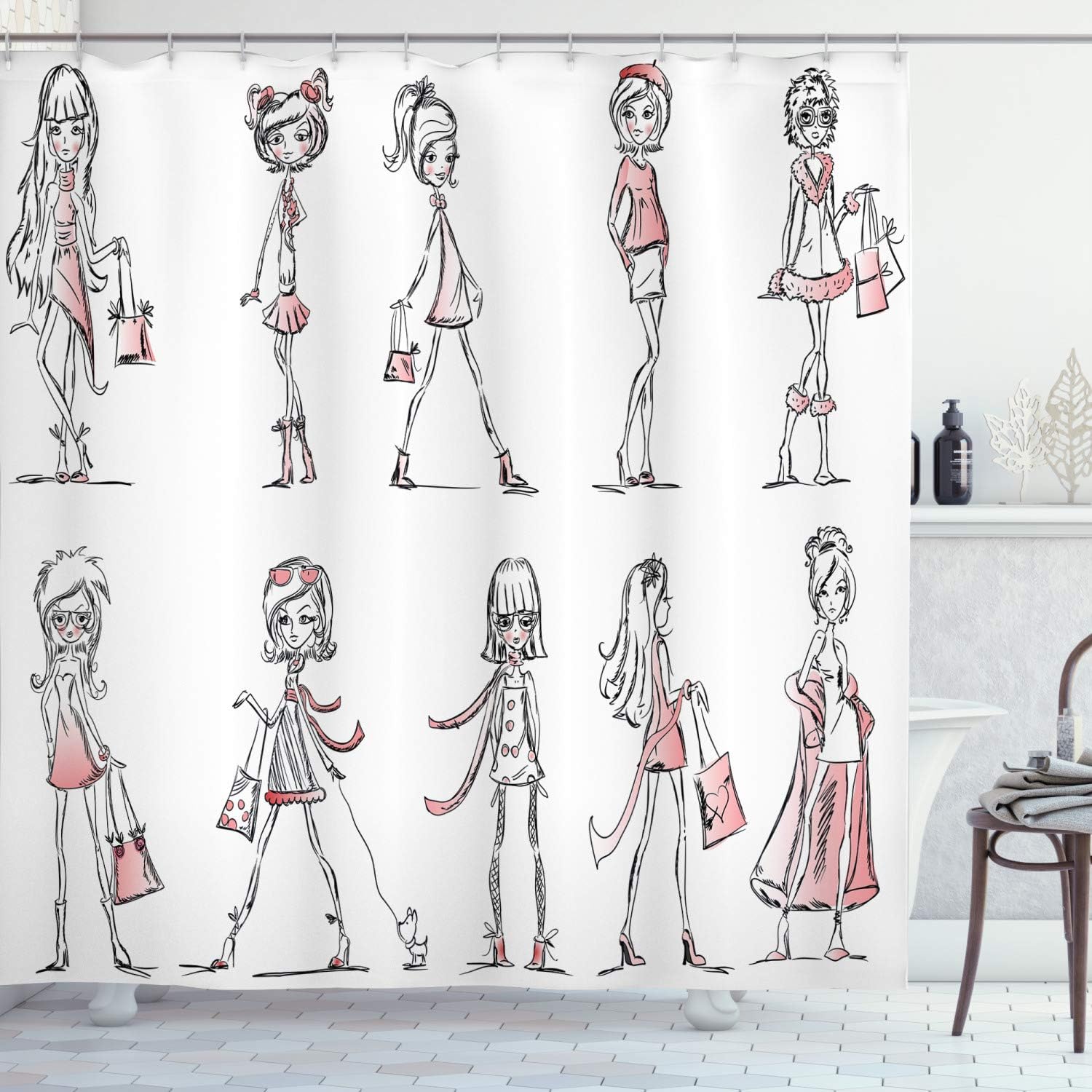 Ambesonne Fashion Shower Curtain, Cartoon Girls with High Heel Shoes Glamour Fashion Urban Life Catwalk Style Picture, Cloth Fabric Bathroom Decor Set with Hooks, 69" W x 75" L, White Pink