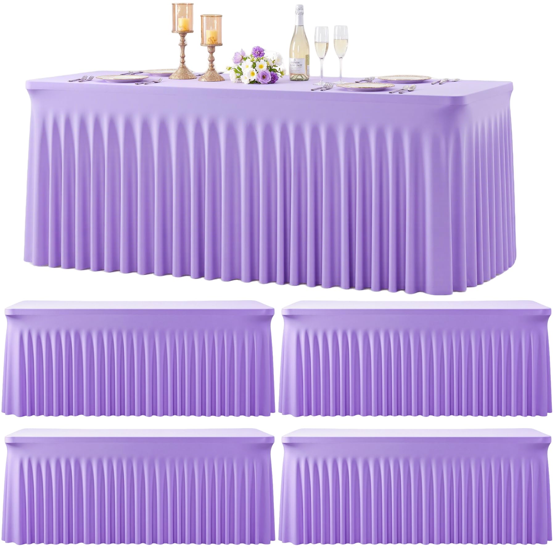 4 Pack Lavender Spandex Tablecloths for Rectangle Tables Light Purple Stretch Table Cloth Rectangle 8ft Lilac Elastic Fitted Table Cover with Skirt for Wedding Birthday Party Banquet Baby Shower