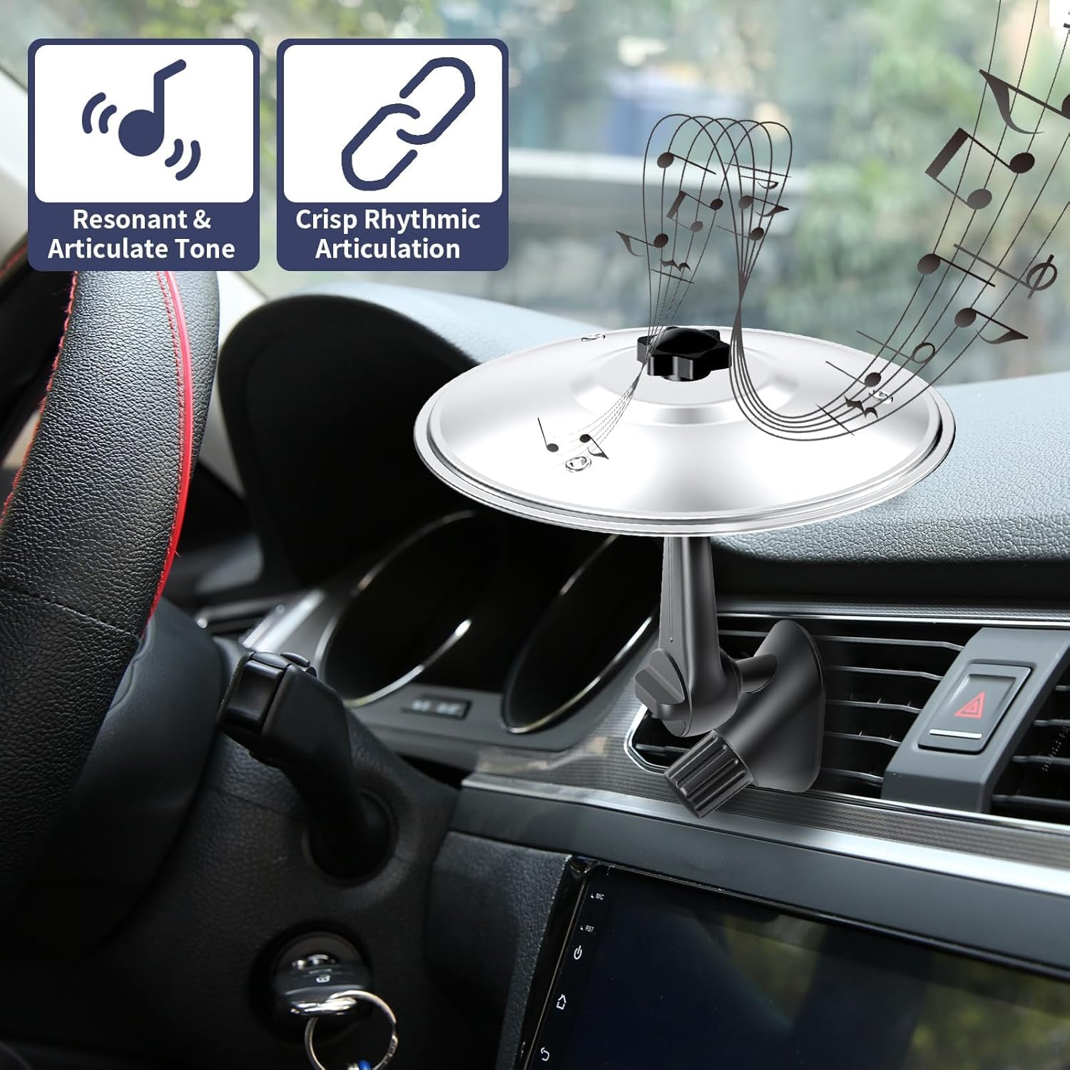 Cimbalo per auto, mini tamburo per gli amanti della musica, per rendere la guida più divertente, per tutti i tipi di veicoli, installazioni semplici (Argento)