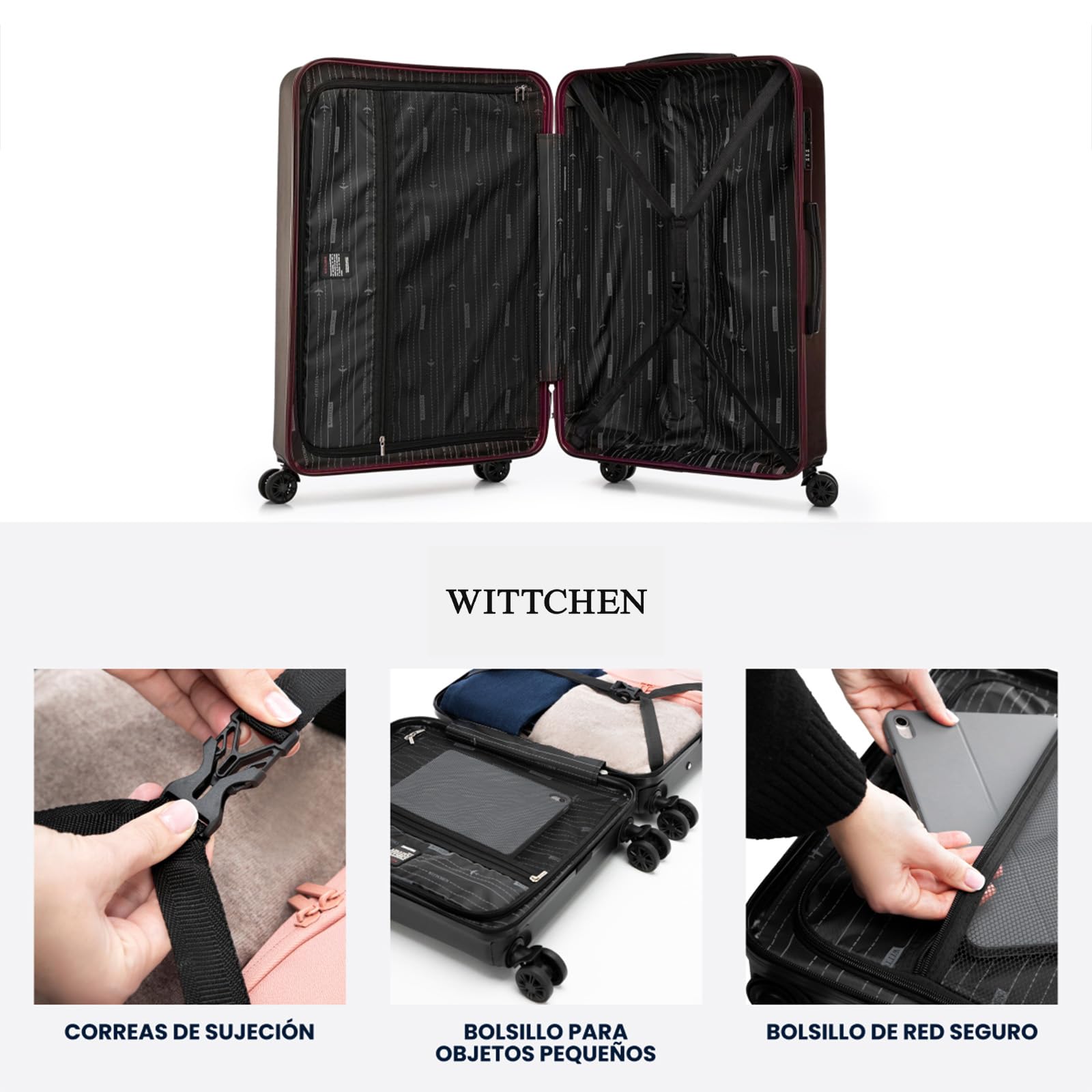 WITTCHEN Skyspeed Line Juego de 4 Maletas de Viaje Trolley con Ruedas Equipaje de Mano con Neceser maletín rígido ABS Cerradura de combinación asa telescópica 4 Ruedas Granate Ryanair/Vueling/Iberia