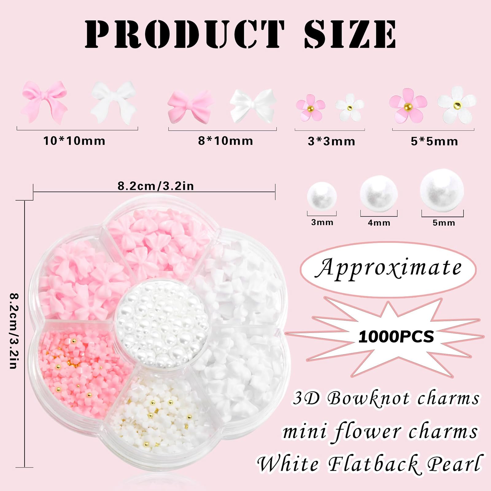 1000 Stück Rosa & Weiße Nagelcharms – Bogenknoten, Blumen, Flatback Perlen Für Nailart, Valentinstag