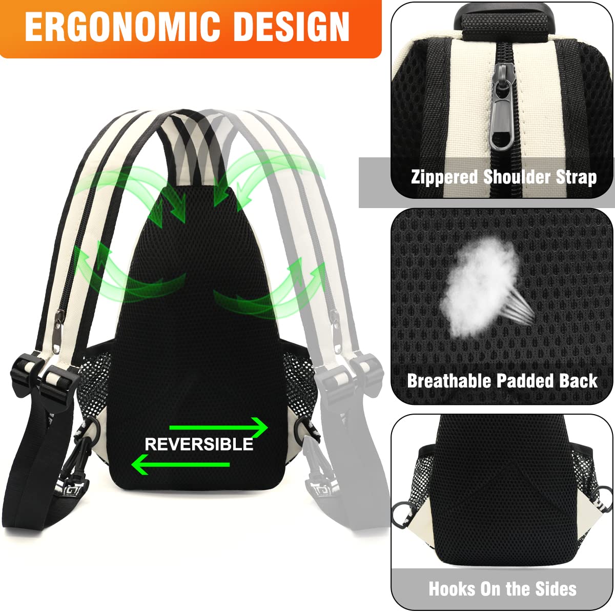 HNOOM Zaino Monospalla Donna Piccolo Sling Bag con Foro per Auricolare Marsupio Donna Tracolla in Tessuto Oxford per Scuola Outdoor Ciclismo Viaggio Hiking Multitasche Piccolo Zaino (Bianco)