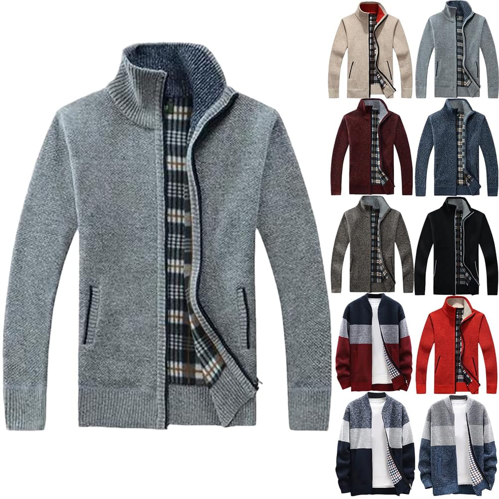 ORANDESIGNE Cardigan Gilet Homme Pull Veste en Maille Chandail Zippé Chaud Cardigan Épais avec Col Montant Tricot Décontractée Polaire Men Sweater Mode Vest