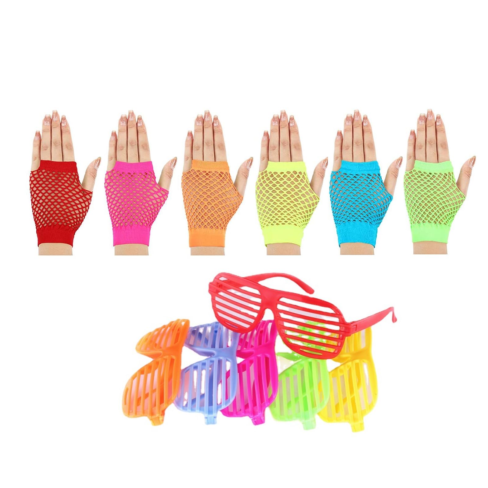EULAPGOE Neon Fishnet Gloves Fingerless For Women,Neon Party Gloves and Shutters Eyeglasses, 80s Fishnet Fingerless Neon Gloves, Shutters Personalized Shutters Eyeglasses Show Prom Party Supplies