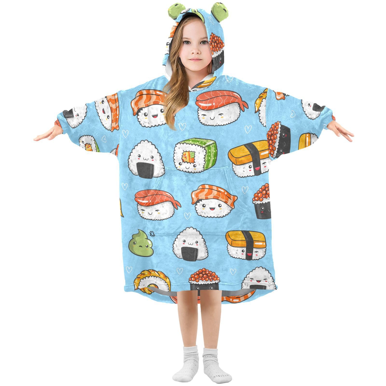 WELLDAY Kawaii Sushi Wearable Blanket Hoodie for Kids, 3-14 YR Girl Boy Sherpa Blanket Sweatshirt With Pocket
