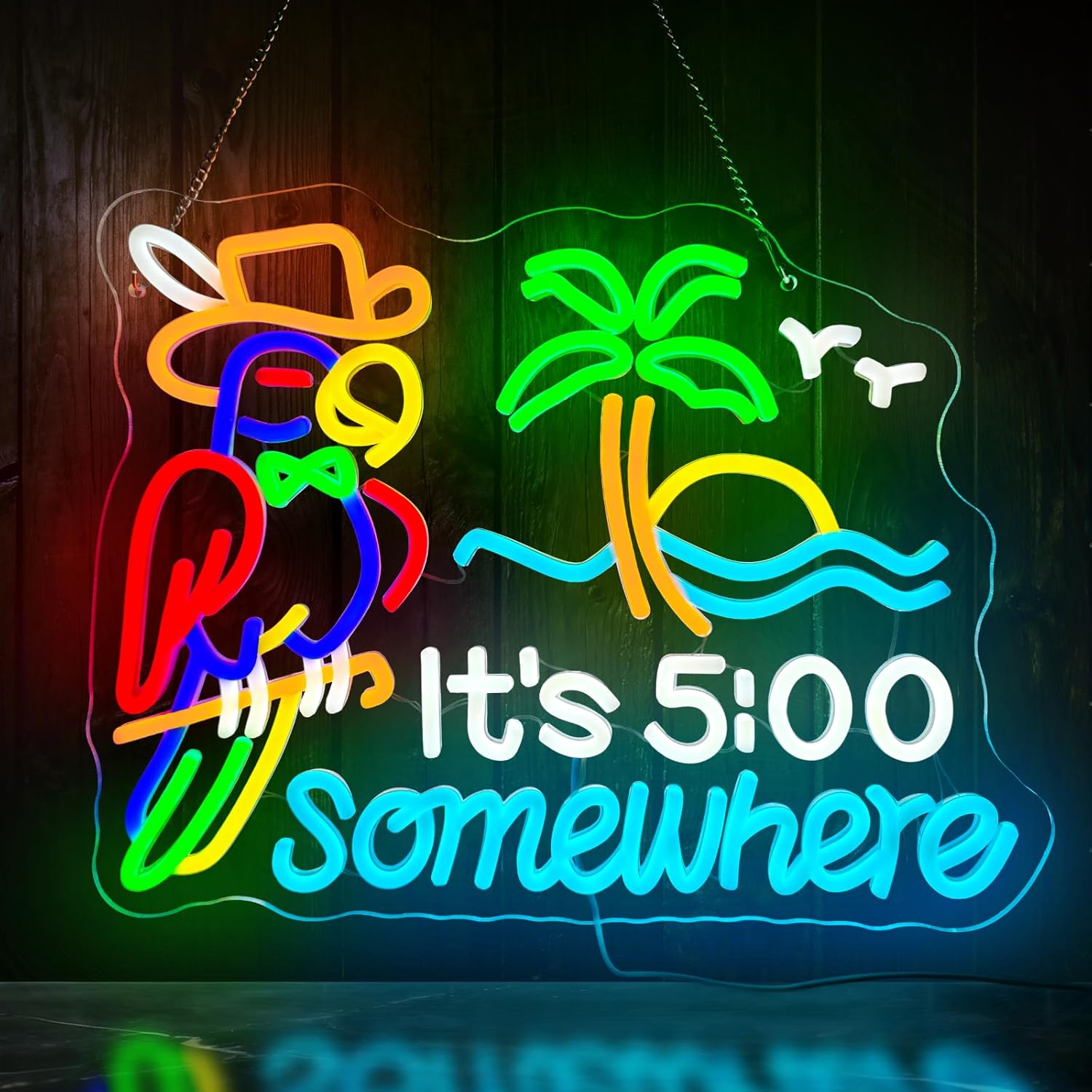 Parrot Its 5 o'clock Somewhere Sign Neon - Bar Beer Neon Sign for Wall Decor, USB-Powered, Dimmable LED Neon Light for Man Cave, Home Bar, Birthday Party, Club, Bedroom Decor(16.5×12.5 inches)