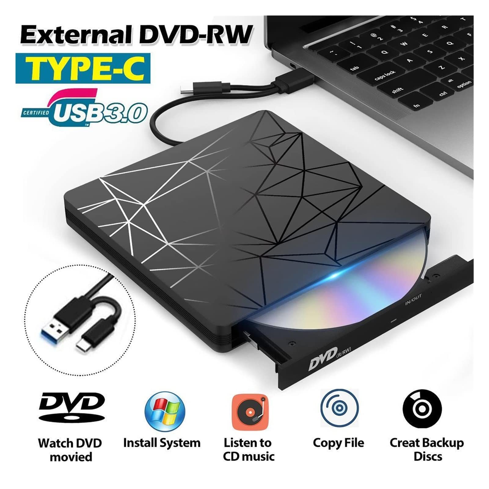 Nouveau USB 3.0 Taper C DVD Conduire CD Enregistreur de Lecture à Grande Vitesse du conducteur Externe DVD-RW Lecteur d'écrivain Joueur for Win7 / 8/10 Portable