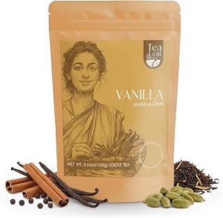 Tealeaf & Co. Vanilla Masala Chai Loose Leaf Tea (100gm / 3.5oz) - Black Tea with Vanilla Extracts, Cardamom, Cinnamon, Black Pepper & Clove - Flavorful Spiced Chai Blend - Low Caffeine - Gluten Free