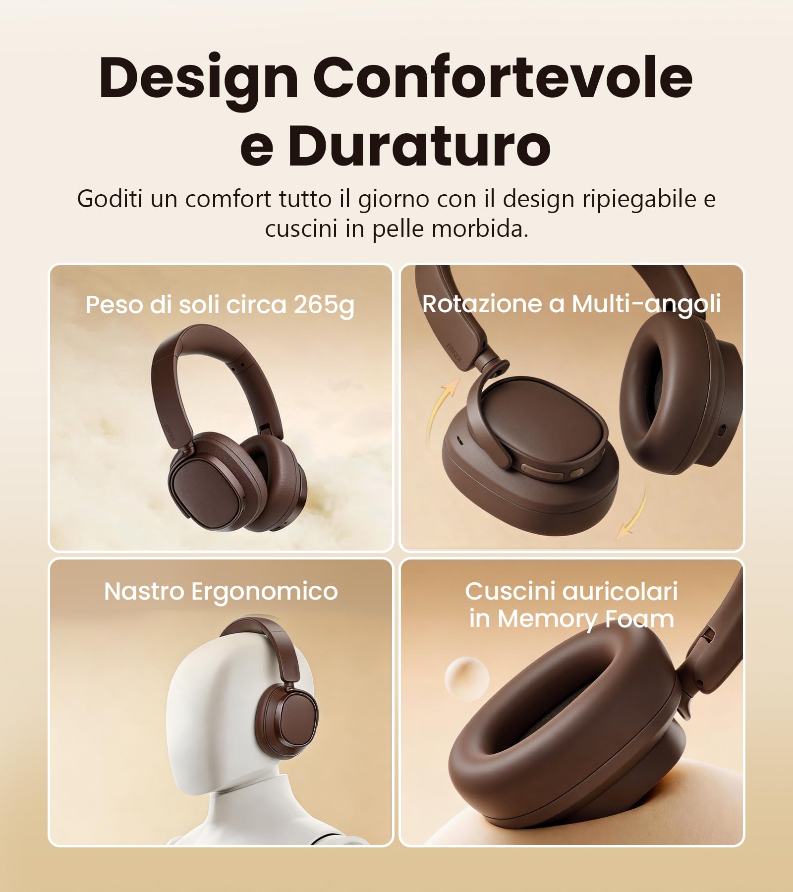 Edifier ES850NB Cuffie Over Ear Wireless, 45dB ANC, Audio Hi-Res, LDAC, 92h Autonomia, Bluetooth 5.4 e Multipoint, Riduzione del Rumore nelle Chiamate con IA (Marrone)