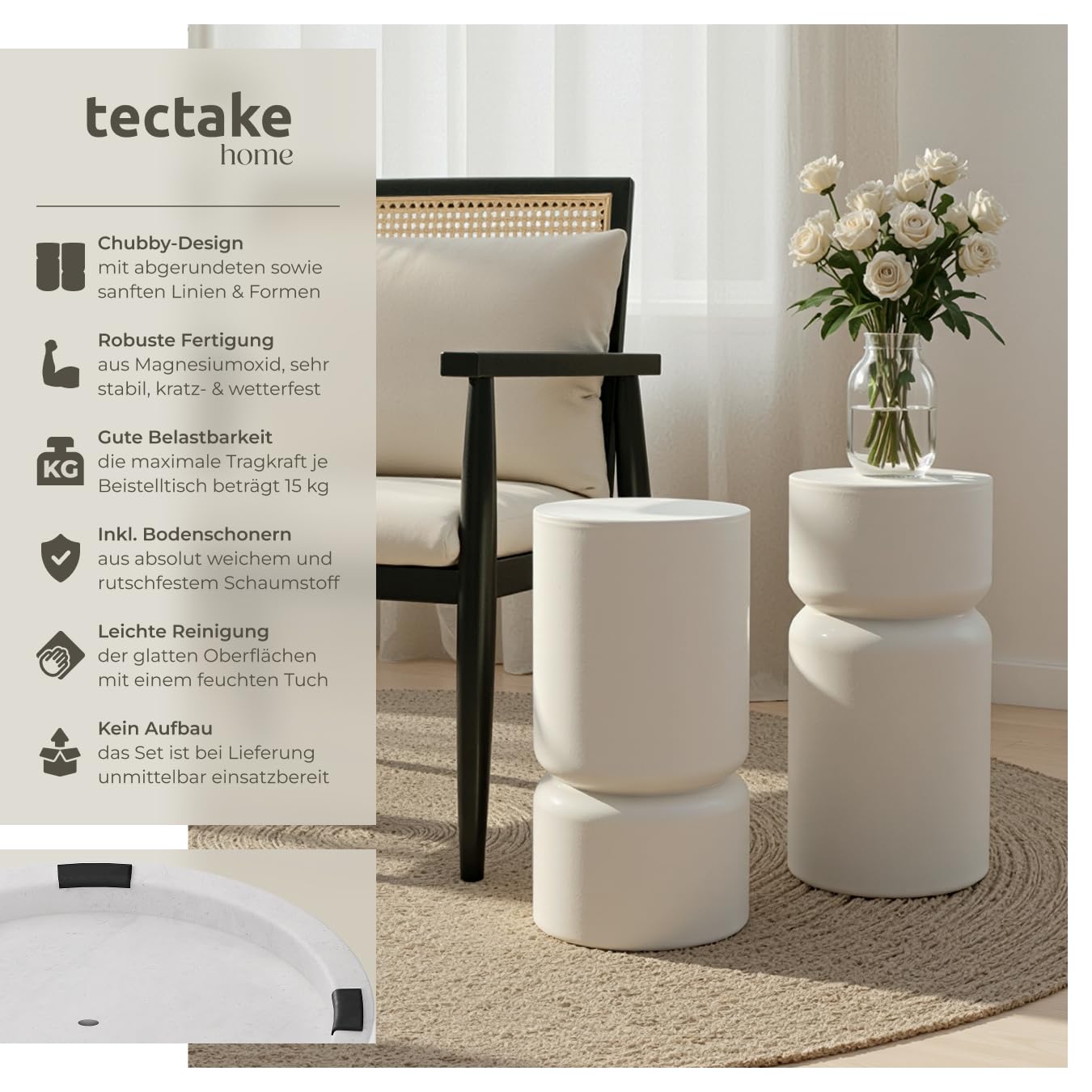 tectake® 2er Set runder Couchtisch weiß, Beistelltisch rund, Aesthetic Room Decor, Moderne Möbel für Wohnzimmer, Schlafzimmer, als Coffee Table, Side Table oder Nachttisch