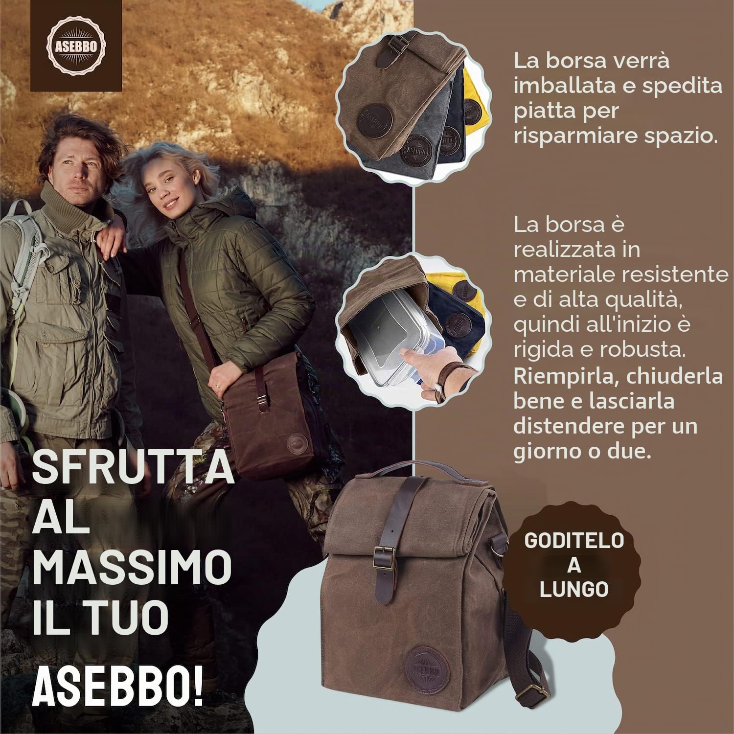 ASEBBO Borsa Termica in Tela, 10 L con Tracolla per Adulti | Tela cerata, Tracolla regolabile 150 cm, Doppi manici in pelle, Antiperdita, Isolamento oltre 4 ore, Marrone