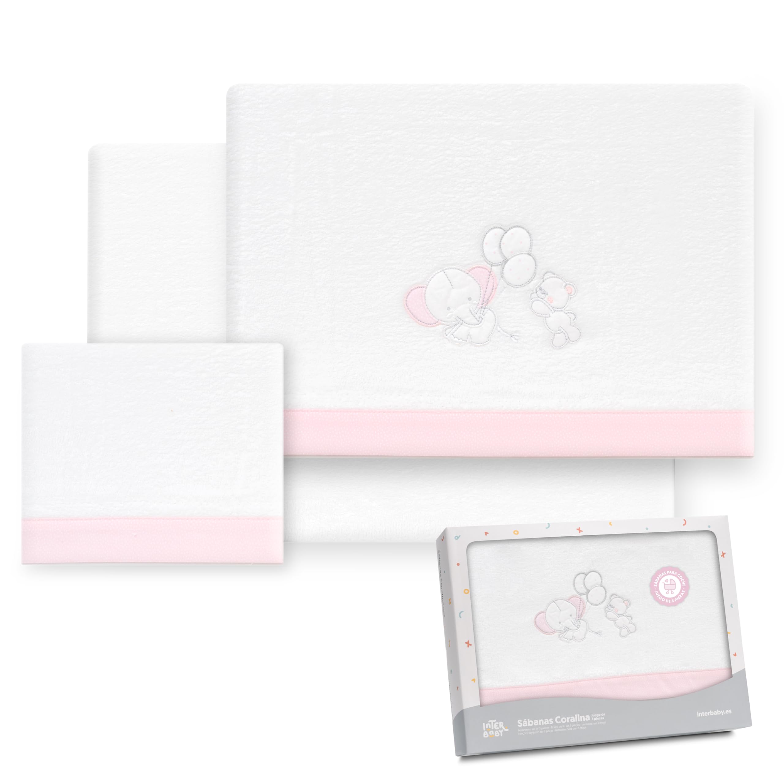 Interbaby - Set of sheets for pram 40 x 80 cm, baby - coral fabric winter sheets - elephant balloon heart - includes fitted sheet + top sheet + pillow case