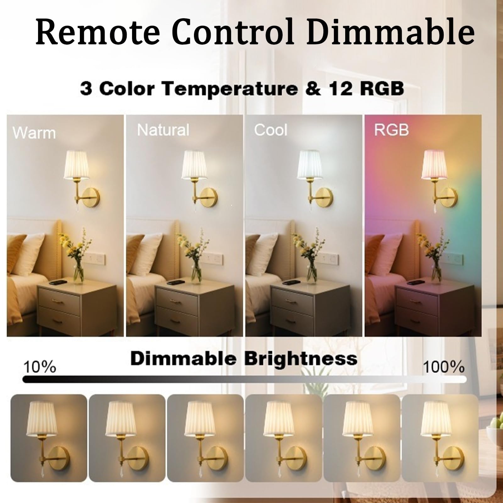 Lampada da Parete Interno Ricaricabile LED RGB Dimmerabile Applique da Parete con Telecomando Senza Fili Iluminazioni per Pareti Paralume in Tessuto Soggiorno Camera da Letto Corridoio (Oro,1 Pezzi)