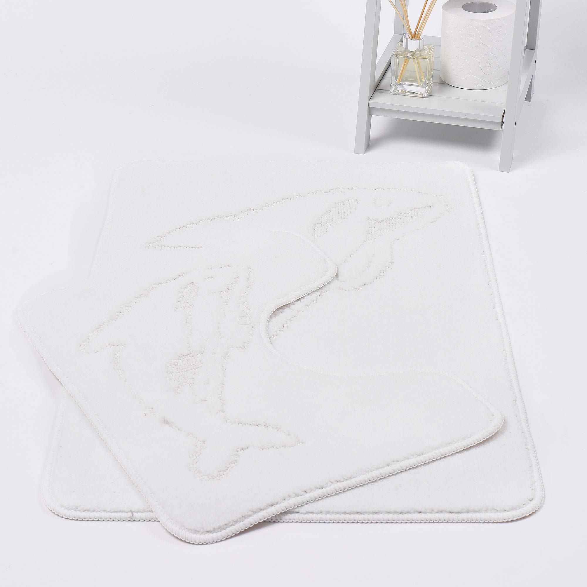 NIGHTZONE Dolphin Bath Mat Set 2 Piece Non Slip Pedestal and Bath Mat Set Toilet Bathroom Rug (White)