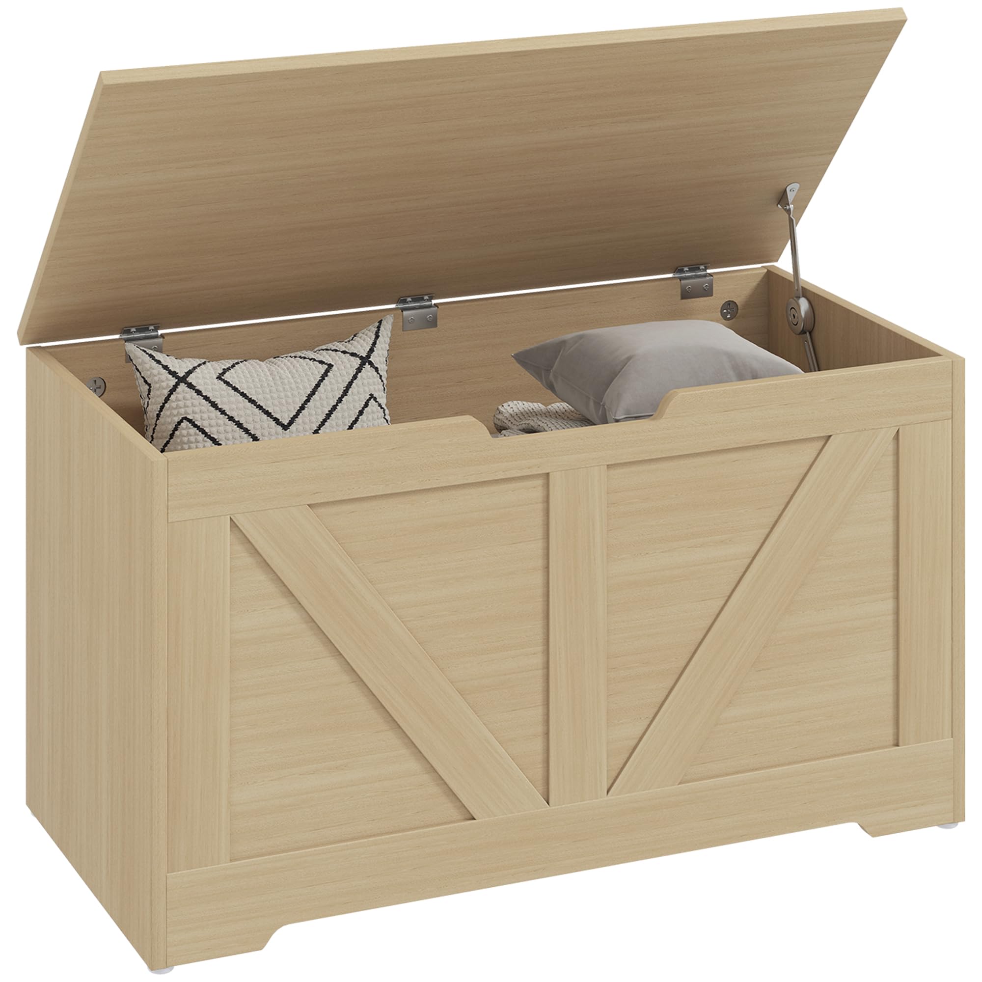 HOMCOM 100L Baúl con bisagra de Seguridad 80x40x45 cm Madera Natural | Baúl zapatero, tirador en U, caja para mantas, recibidor dormitorio sala de estar entrada