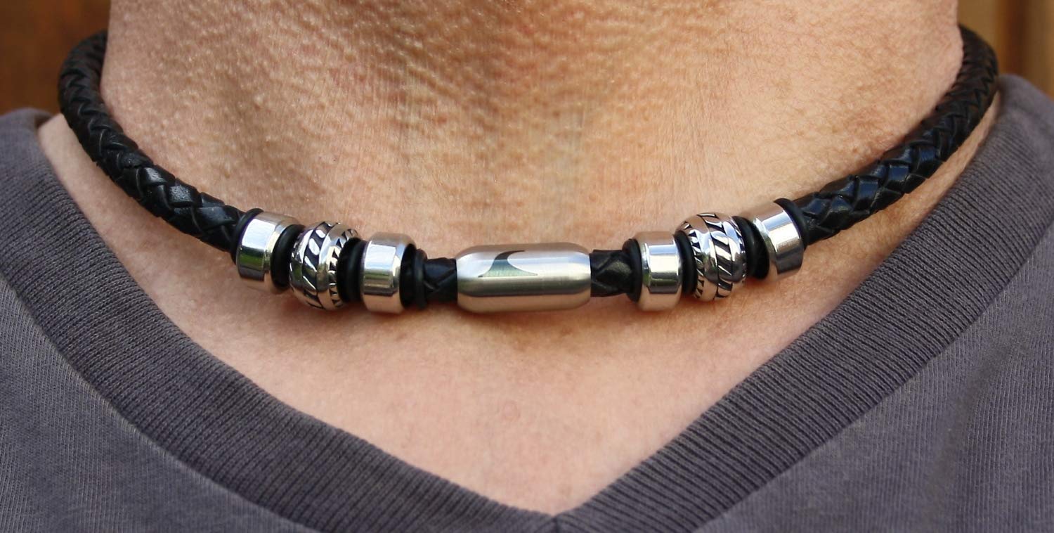 Echt Leder-Halskette Steel F Schwarz/SI Männer Herren