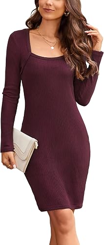 Newshows Womens 2024 Fall Dresses Long Sleeve Square Neck Rib Knit Winter Sweate