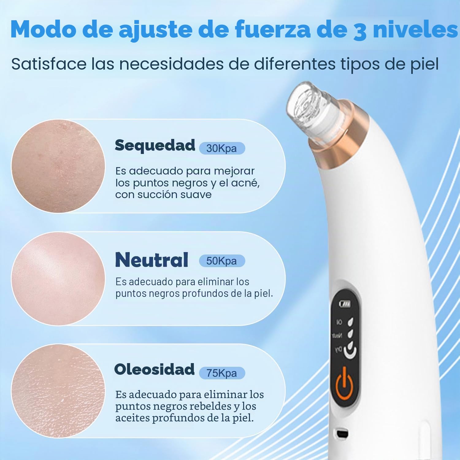 Succionador de Puntos Negros, Limpiador de Poros Facial Eléctrico 3 Modos | 6 Cabezales, Hidratante, Limpieza Facial Profunda, Carga USB, para Eliminar Comedones y Acné Graso