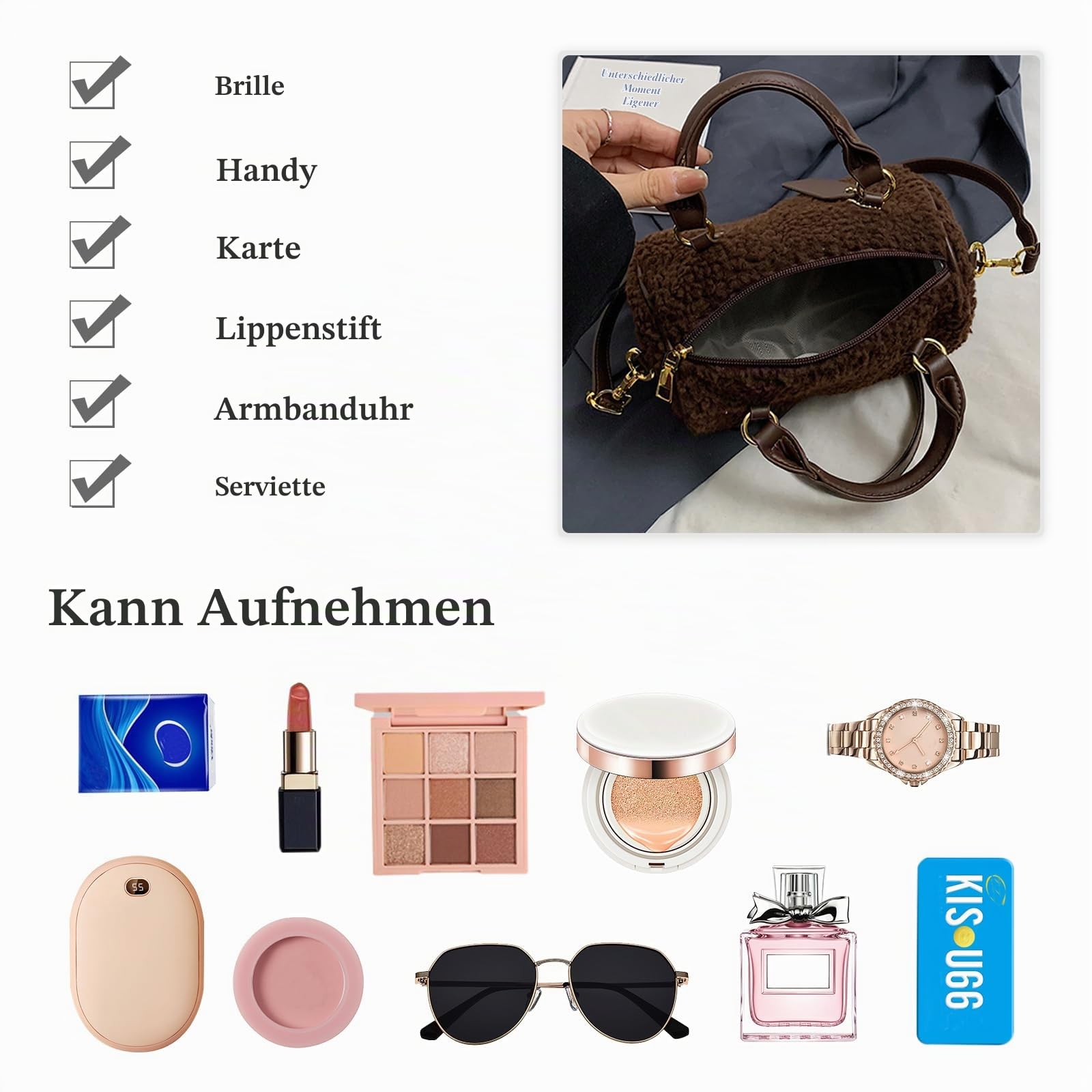 Damen Lammwolle Handtasche Flauschige Tasche Plüsch Schultertasche Niedlich Flauschige Umhängetaschen Tote Beutel Elegant Tragetasche Messenger-Tasche Frauen Henkeltaschen Boston Tasche Kaffee
