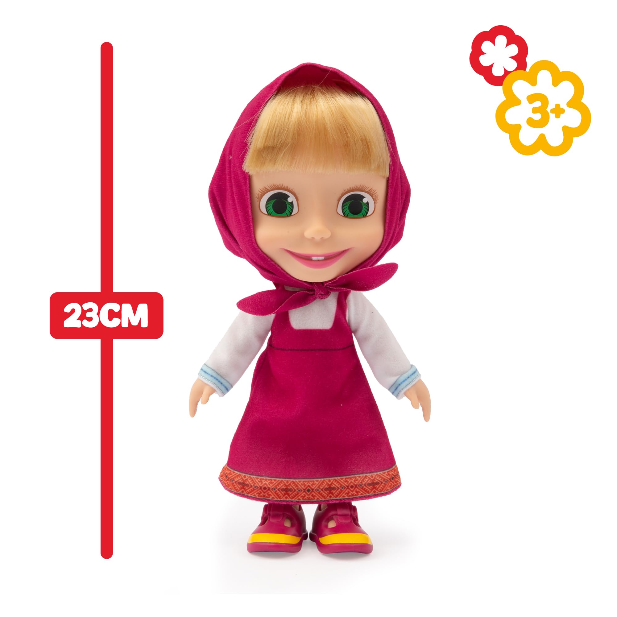 Giochi Preziosi Masha E Bär – Puppe Masha hoch 23 cm – Ikonische Figur aus der Serie Mascha und Bär mit Sommerkleidung und klassischem Halstuch, geeignet für Kleinkinder