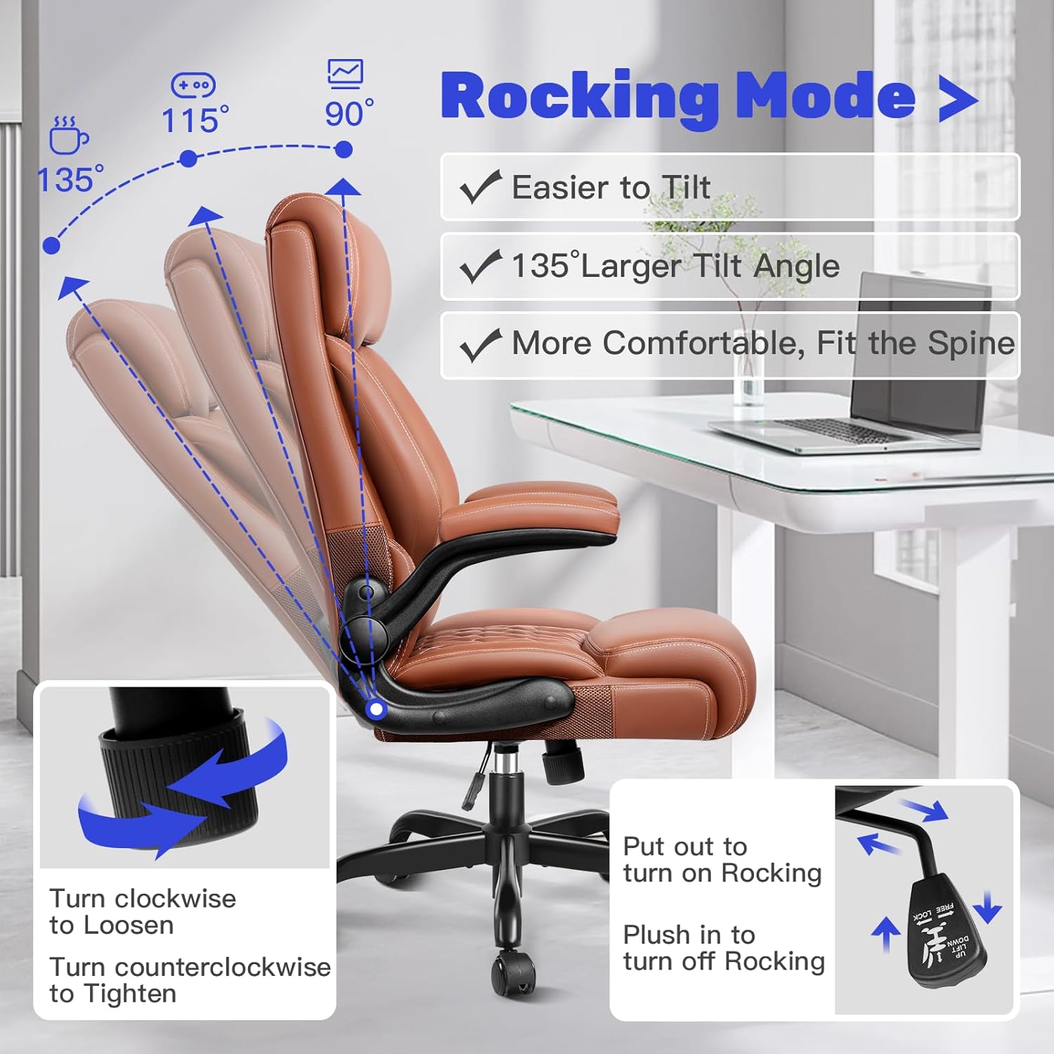 High Back Executive Office Chair - Ergonomic Computer Desk with Rocking Function, Leather Managerial with Adjustable Flip-Up Armrests and Lumbar Support - Image 7