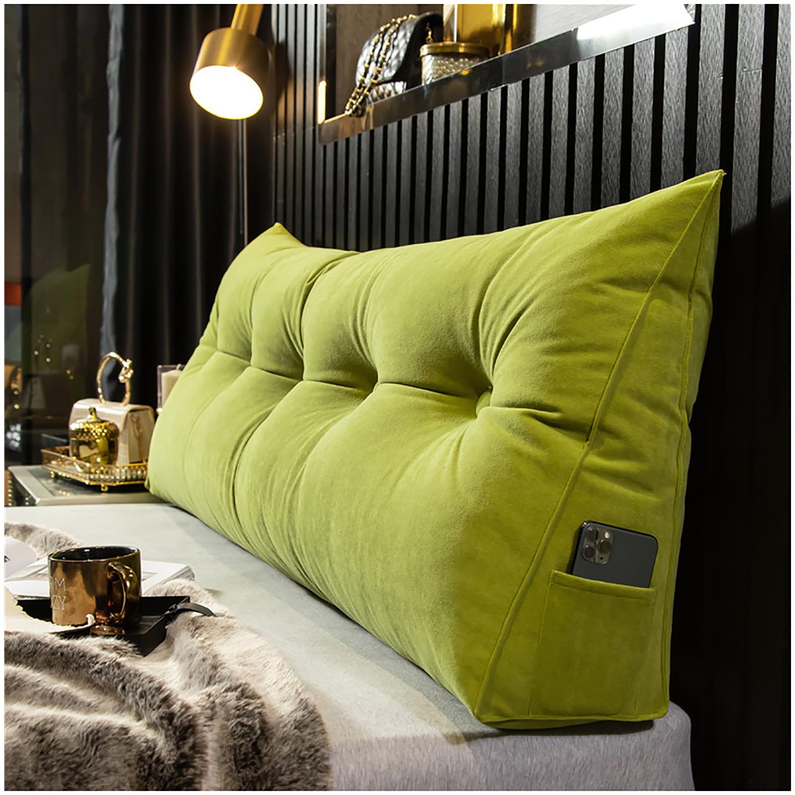 ZTGL Large Triangular Headboard Wedge Bed Rest Reading Pillow Back/Lumber Support Positioning Pillow for Bed Sofa Tatami, Washable Daybed Triangle Bolster Cover,Green,180x20x50cm