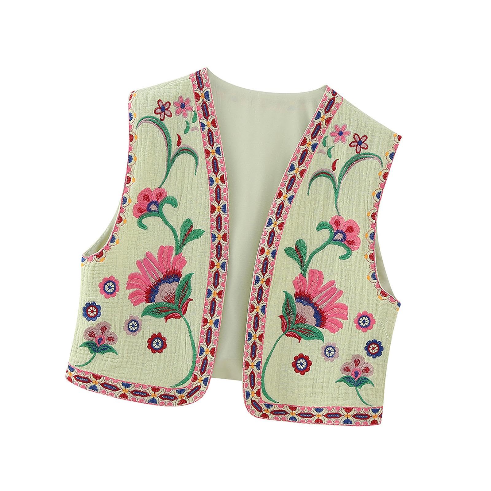Women Floral Embroidery Vest Open Front Jacket Vintage Style Female Crop Top L Multicolor | 1 Women Floral Embroidery Vest