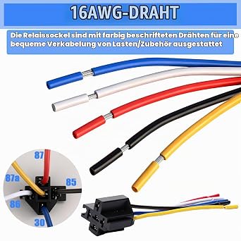 Car Relay 24 V Pack of 4 5-Pin 40 A SPDT Socket with Wiring Harness Relay in composite housing with silver alloy contacts copper coil and colour-coded wires for vehicle circuits