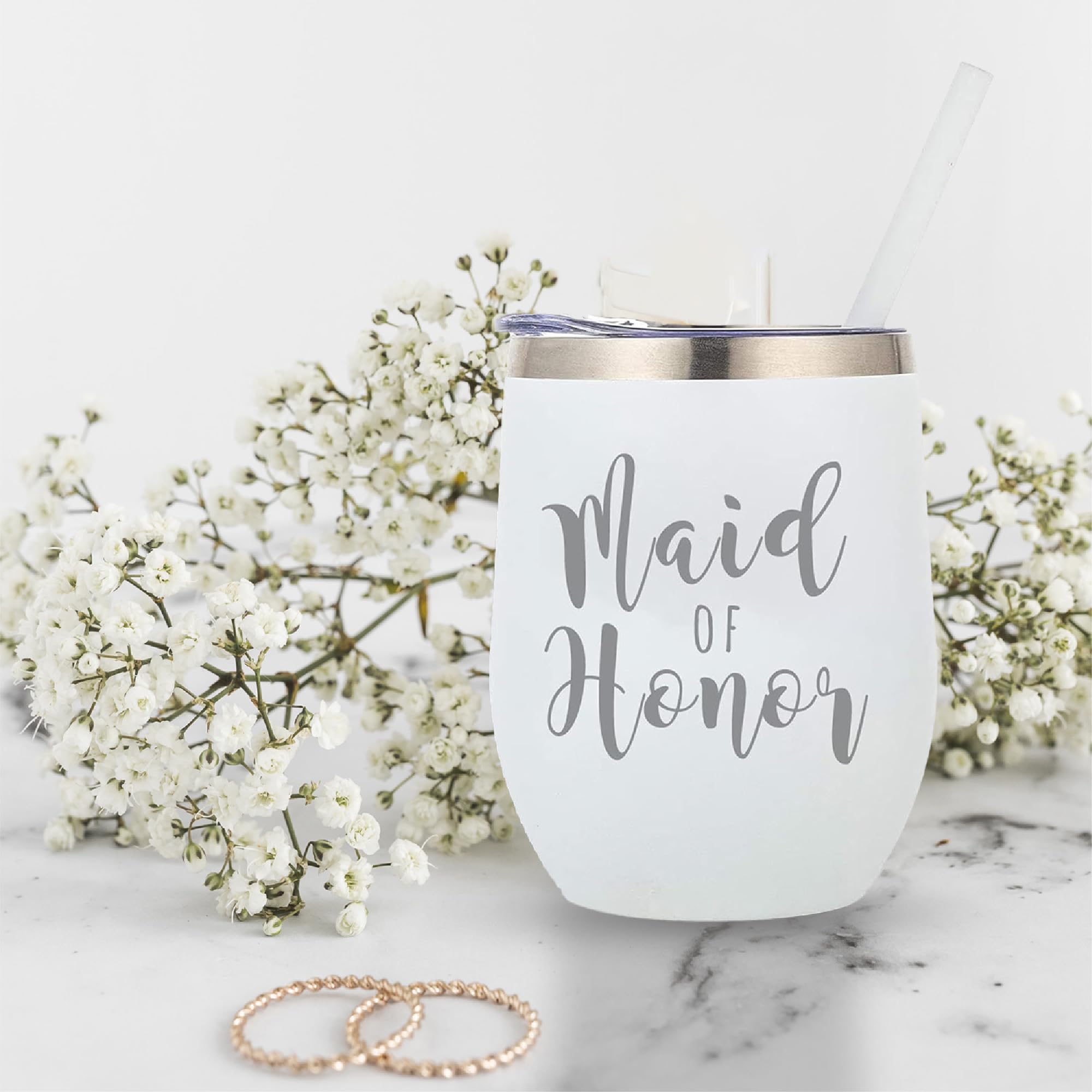 Your Dream Party Shop Maid of Honor Tumbler, 12oz - White Stainless Steel Stemless Wine Cup, Proposal Gifts from Bride - Maid of Honor Gifts Proposal