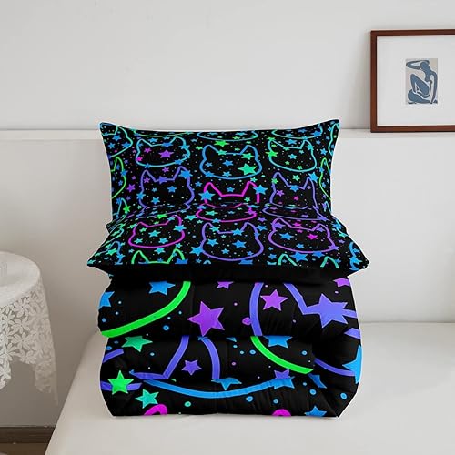 Miniatura 4 de Erosebridal Juego de ropa de cama individual para niñas, ropa de cama de gatos de dibujos animados degradados para amantes de las mascotas, juegos