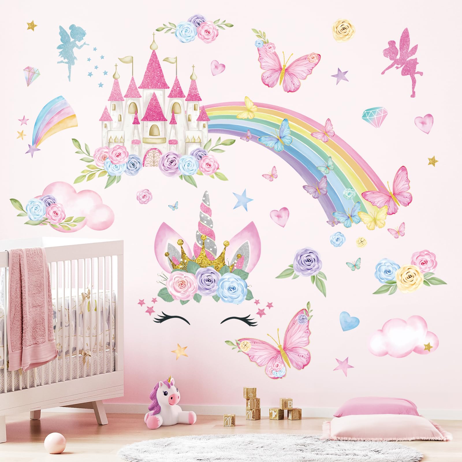 FUFUQUARE Rainbow Unicorn Wall Stickers Colorful Cute Castle Butterfly Flowers Peel and Stick Wall Decals for Girls Bedroom Nursery Living Room