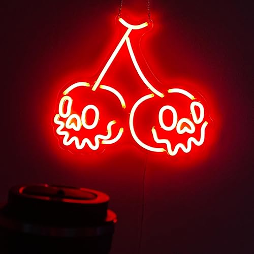 MewNeon Letrero de neón rojo con calavera de cereza, luz LED de Halloween para decoración de sala de juegos, luz de pared de cereza audaz con