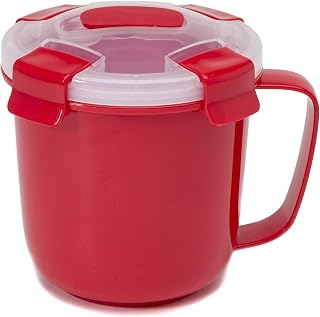 Microwave Soup Mug with Quadruple Snap Lock Lid, Vented Silicone Cover, Easy to Open, Leak Proof, Dishwasher Safe, Oatmeal Cereal Noodle, 3 Cup, Red